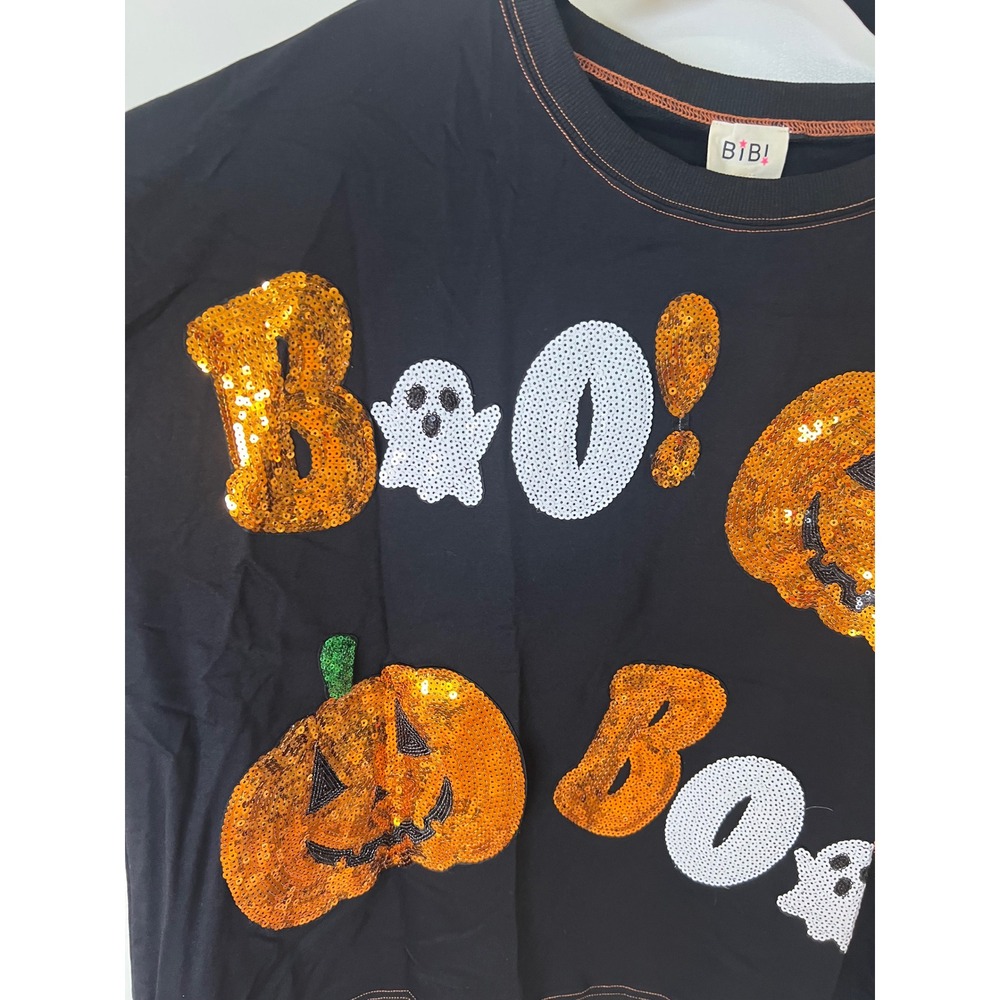 BIBI Womens Halloween Sequin Boo Pumpkin Ghost Sweatshirt Black Large New - Picture 7 of 13